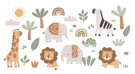 Fototapeta premium Cute Safari Animal Characters with rainbows, palm trees and plants, Collection for Nursery and Kids Design, Minimal Scandinavian Style Vector Illustration