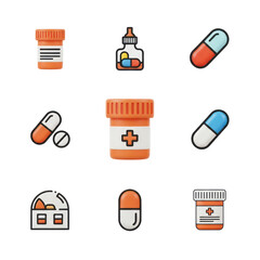 A graphic illustration featuring a collection of medicine-related items. Includes orange and white bottles, pills, and capsules isolated on a transparent background.