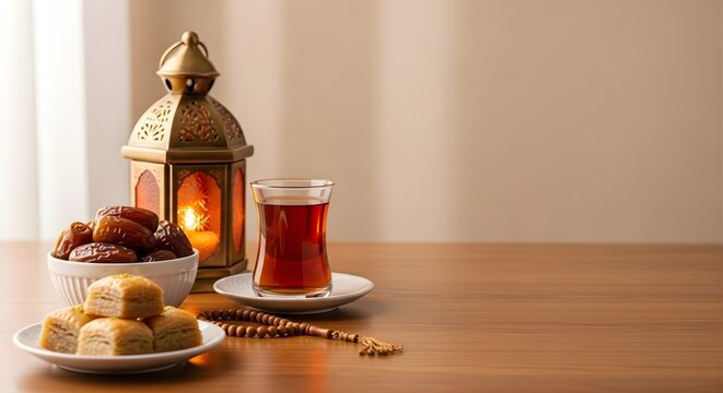 Traditional Islamic greeting background with arabic tea sweets and lantern