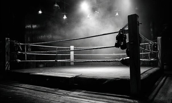 Black and white image of a boxing ring, spotlighted with gloves hanging, full of misty air