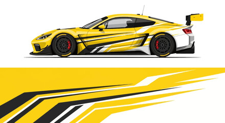 Vibrant yellow race car with bold black stripes and dynamic graphic accents.