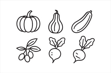 A simple black and white line drawing depicts various vegetables and leaves arranged neatly
