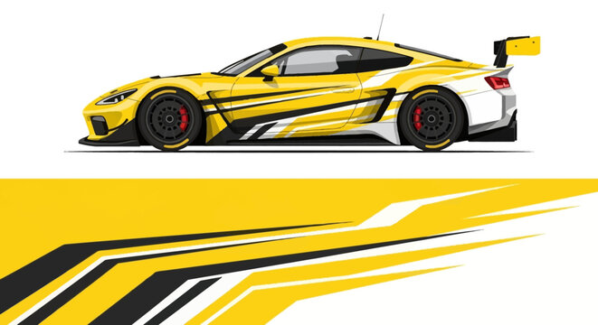 Vibrant yellow race car with bold black stripes and dynamic graphic accents.