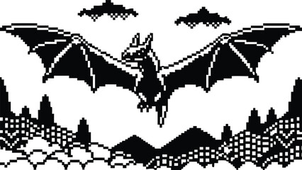 Pixel Art 1-Bit Pterodactyl Pteranodon Mountain Landscape Background © revpy