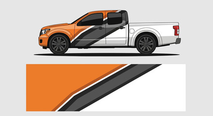 Side view of a bold orange and gray pickup truck with graphic wrap and sleek design. © Lailatul