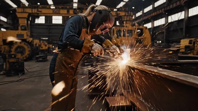 Female welder creating sparks with torch in industrial setting