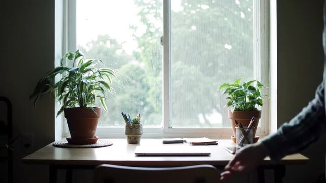 Serene home office setup with laptop, plants, and natural light by a window overlooking greenery