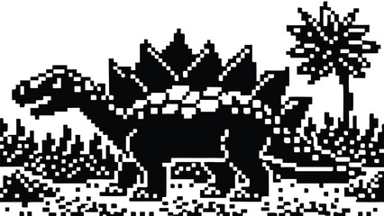 Pixel Art 1-Bit Stegosaurus Dinosaur Jungle Nature Scene © revpy