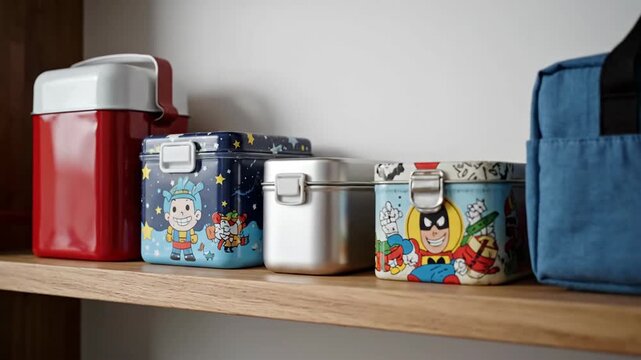 Collection of colorful lunchboxes sitting on a wooden shelf indoors