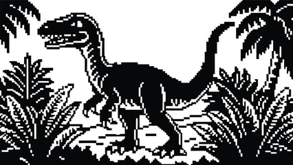 Fototapeta premium Pixel Art 1-Bit Velociraptor Dinosaur Jungle Landscape Scene