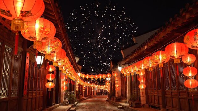 Chinese Lantern Festival with Fireworks in Traditional Street at Night