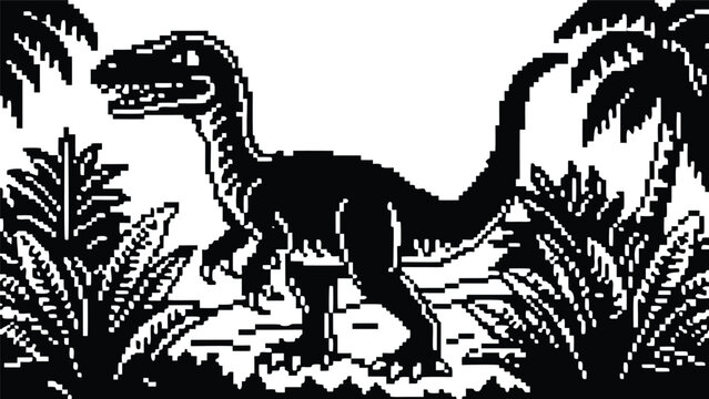 Pixel Art 1-Bit Velociraptor Dinosaur Jungle Landscape Scene