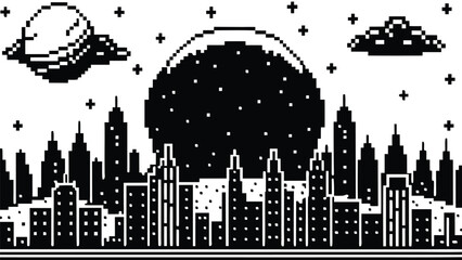 Obraz premium Pixel Art 1-Bit Future City Skyline Night Moon Landscape