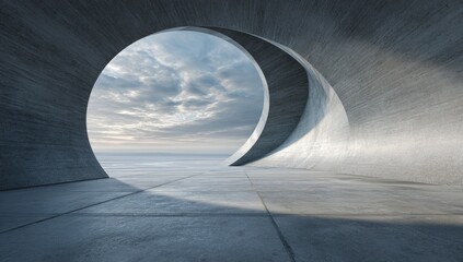 Architectural concrete tunnel framing a scenic ocean view with a cloudy sky
