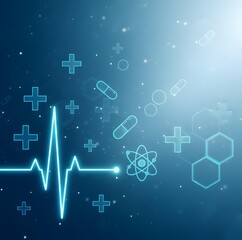 Naklejka premium Futuristic Medical Illustration with ECG Line, Capsules, Molecules, and Hexagonal Icons on Blue Gradient — Ideal for Health Tech and Editorial Graphics