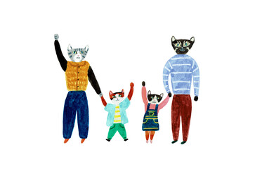 手描きイラスト　猫の家族が子どもの成長を見守るイラスト