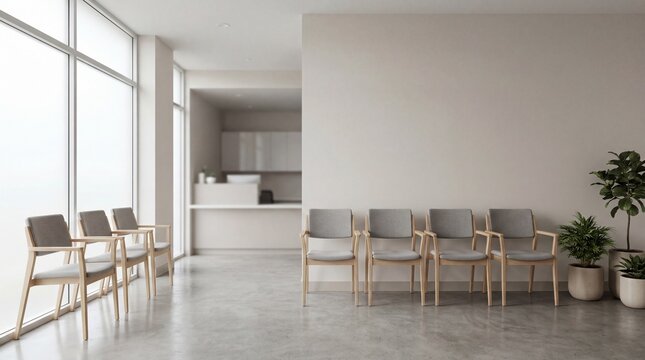 Clean modern clinic waiting room with empty chairs and a softly blurred reception area, lit by gentle daylight in a sterile neutral interior with generous copy space.