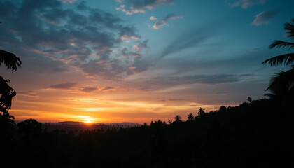Evening horizon glowing over jungle land