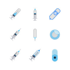 A clean, modern collection of medical syringes and related icons presented on a transparent background, ideal for healthcare and pharmaceutical themes.