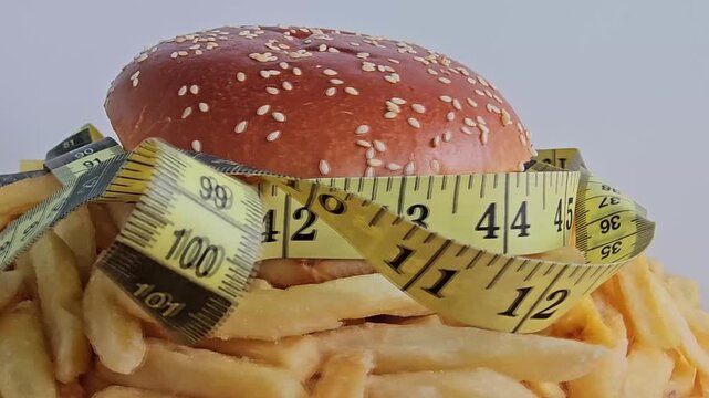 Giant burger and fries with measuring tape show food size and portion control in an educational setting