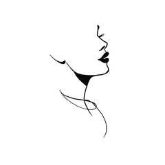 Minimalist hand-drawn line art illustration of a female face in side profile, using elegant black strokes on a white background. Ideal for branding, beauty, fashion, logos, posters, modern design