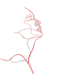 Minimalist abstract illustration of a female face in side profile, drawn with expressive continuous red line art on a white background. Elegant composition suitable for branding, beauty, fashion, art