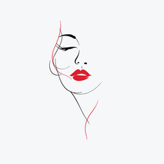 Elegant hand drawn minimalist line art portrait of a woman with red lips. Modern beauty illustration ideal for fashion branding, cosmetics, posters or editorial design