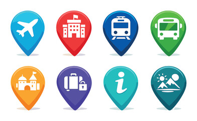 Colorful travel and leisure icons featuring transport, lodging, tourism, and information symbols