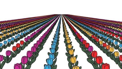 Fototapeta premium Colorful rows of tulips in perspective with vibrant blooms.