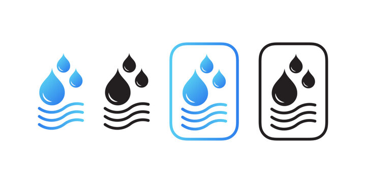 Humidity and moisture level icons with water drops and waves for fabric or air quality