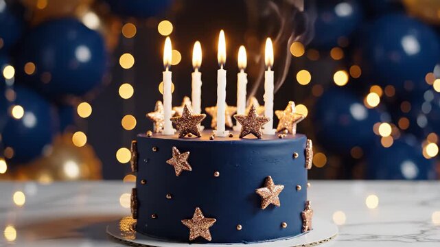 Elegant dark blue birthday cake with lit candles and gold stars at a festive celebration