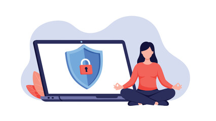 Obraz premium Peaceful woman meditates in a lotus position in front of a laptop showing a blue security shield and a red padlock icon.