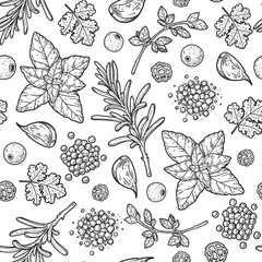 Fototapeta premium Herbs and spices seamless pattern. Vector drawing illustration. Aromatic plants. Hand drawn food sketch. Vintage illustration. Spice and herbs, black and white design.