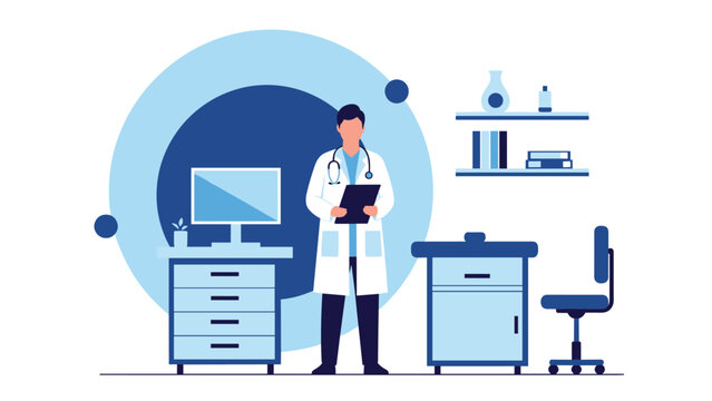 Professional doctor stands in his modern medical office next to a desk and examination table with a blue circle background.