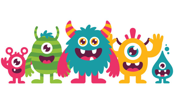 A colorful collection of five cartoon monsters with varied expressions and unique features is cheerfully displayed