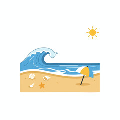 Naklejka premium Serene Beach Scene with Umbrella and Seashells