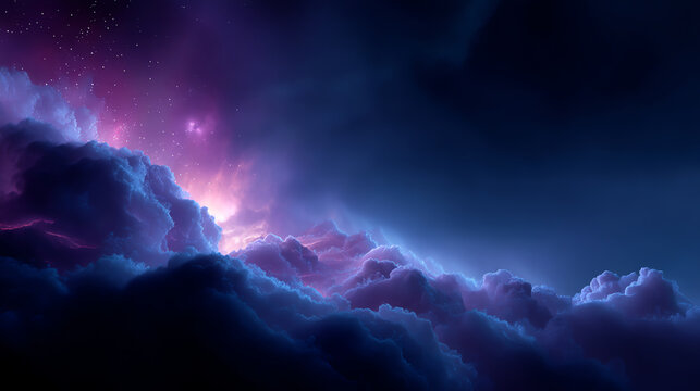 Vibrant cosmic clouds glow with shades of purple and blue against a dark starry sky, creating a surreal and majestic celestial landscape