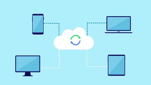 Flat vector illustration of a cloud with a sync icon connected to smartphone, desktop, laptop, and server rack, representing cloud data synchronization across devices on a light blue background.
