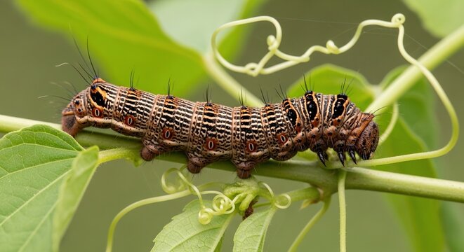 Brown caterpillar crawling on green leaf with natural sunlight background