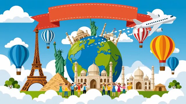 Colorful Travel Illustration Featuring Famous Landmarks and Airplane