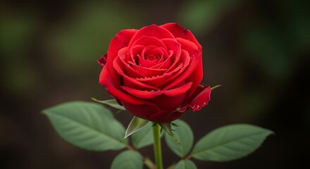 Beautiful Red Rose with Green Leaves.