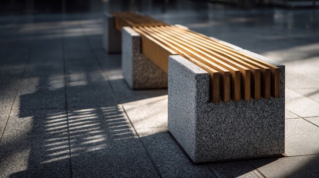 Modern public bench design combining granite and warm wood slats, creating a contemporary urban seating solution with elegant architectural lines and contrasting materials