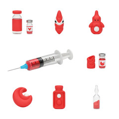A collage of red medical items including vials and a syringe alongside abstract shapes, set against a clean white background with soft studio lighting.