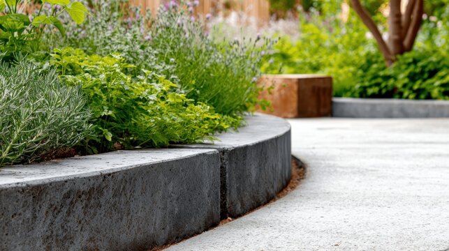 Garden landscaping design featuring a curved concrete retaining wall with varying green plants and herbs contrasting with a light gray pathway, creating a modern outdoor space