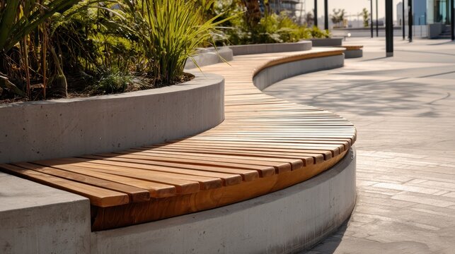 Contemporary curved wooden bench integrated into a concrete planter in a sunny urban park, offering minimalist seating amid lush greenery and clean architectural lines