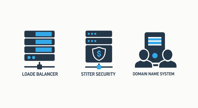 Icons of server racks, network security, and DNS for IT infrastructure, load balancing, and internet domain management.