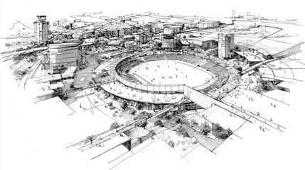 Obraz premium Urban master plan concept featuring a large circular stadium at its center. Surrounded by modern buildings. Bridges. And infrastructure