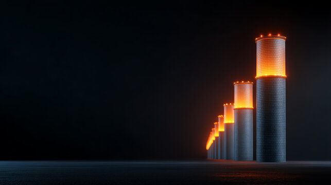 A row of tall industrial chimneys glowing orange at the top, set against a dark background, suggesting a futuristic or high-tech energy or manufacturing facility