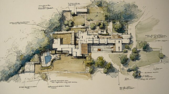 Architectural site plan design illustrating an estate property layout with complex building structures. Swimming pool. Landscape elements. And detailed annotations