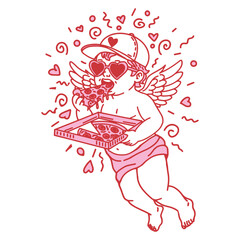 Fototapeta premium Minimalist illustration of playful Cupid holding pizza box and eating juicy slice of pepperoni pizza. Fun Valentines Day design element for cards, banners and romantic advertising graphics.